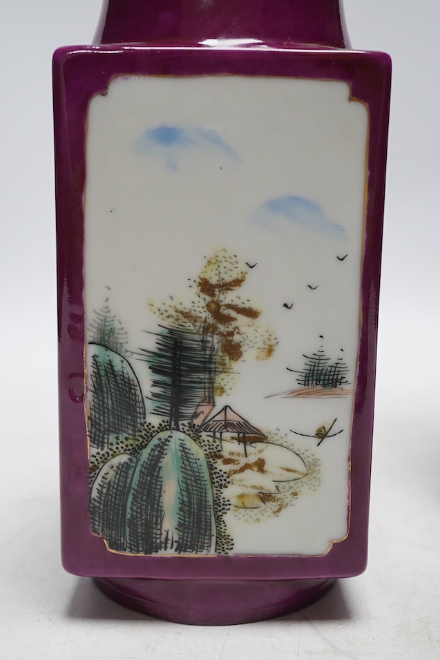 A 19th century Chinese crackle glazed vase and a ruby ground vase, tallest 25cm. Condition - crackle glazed vase with repair to rim, otherwise good
